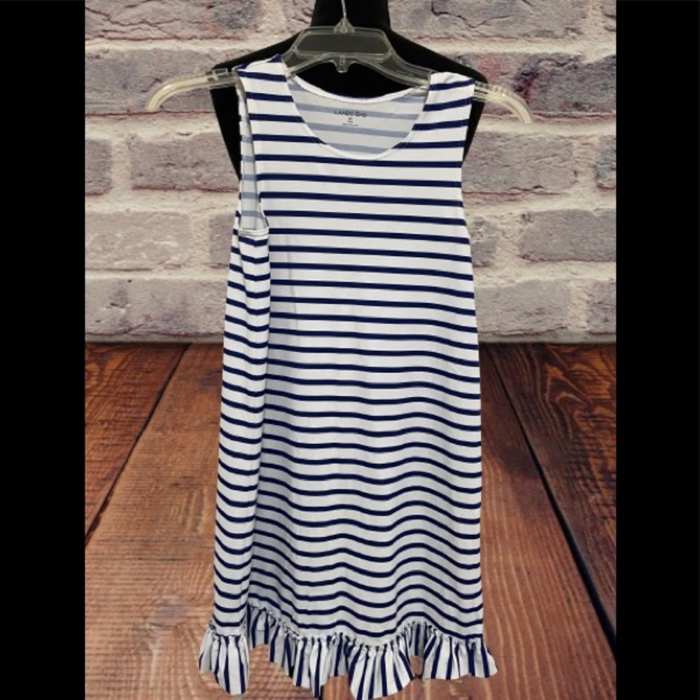 Girls Lands’ End blue white stripe dress medium